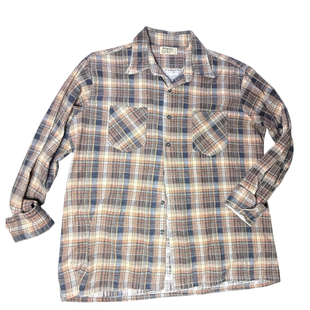 Vintage Wedgefield‎ Mens Plaid Flannel Shirt Long Sleeve Button Up Beige Blue